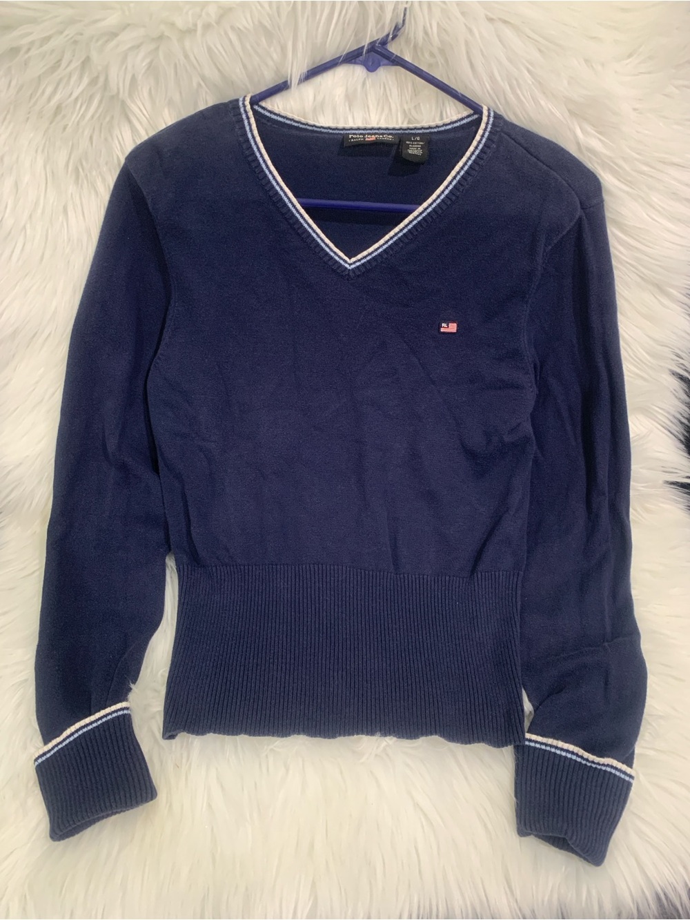 Polo by Ralph Lauren Navy V-Neck Sweater with White Trim